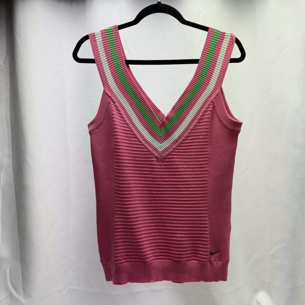 Nike Pink Sweater Tank Women V Neck Green White Stripe Preppy Y2K Sleeveless Med